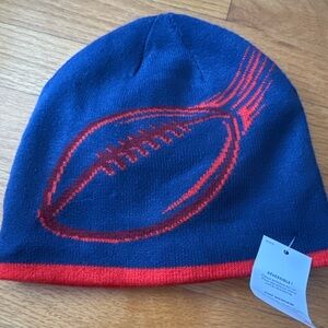 Lands End Reversible Football Beanie Hat Navy Red Fleece Lined M/L NWT